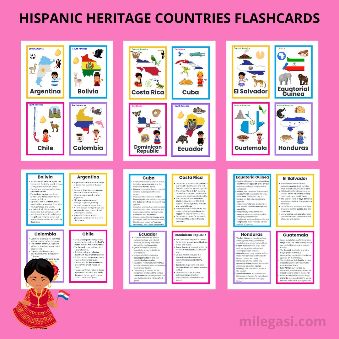 HISPANIC HERITAGE COUNTRIES FLASHCARDS PRINTABLES FOR DOWNLOAD